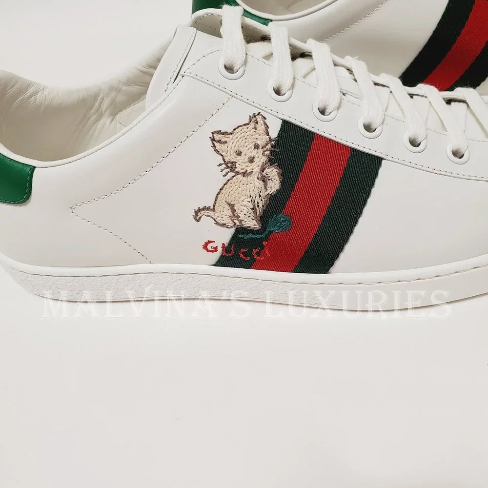 GUCCI SNEAKERS NEW ACE KITTEN WHITE LEATHER SHOES w WEB sz 41 11